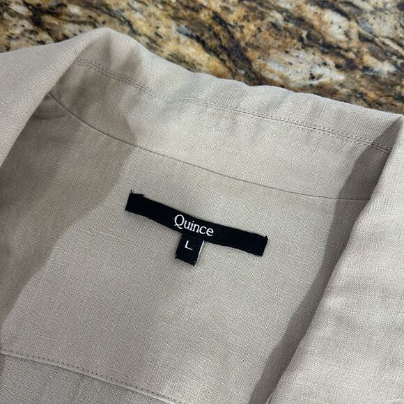 Quince European Linen Button Front Beige Short Sleeve Midi Shirt Dress Size L - Picture 8 of 10